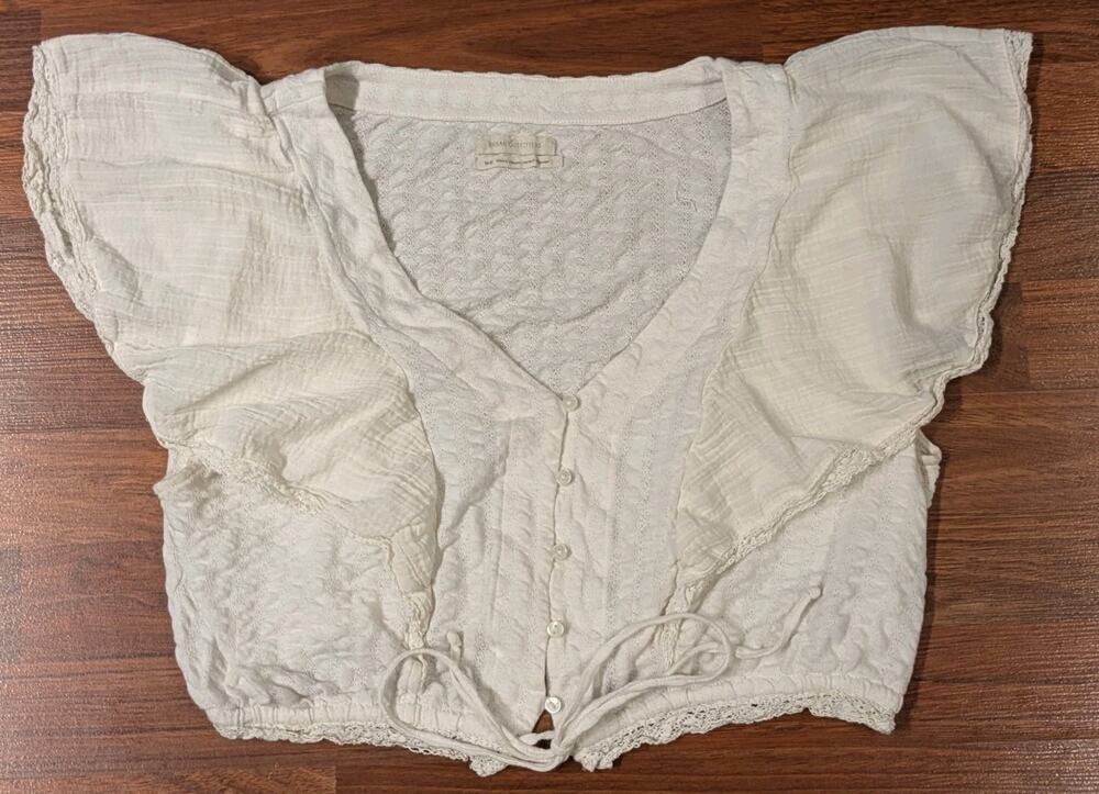 Urban Outfitters Womens M Cream Lace Peasant Blouse Cottagecore Tie Front Boho